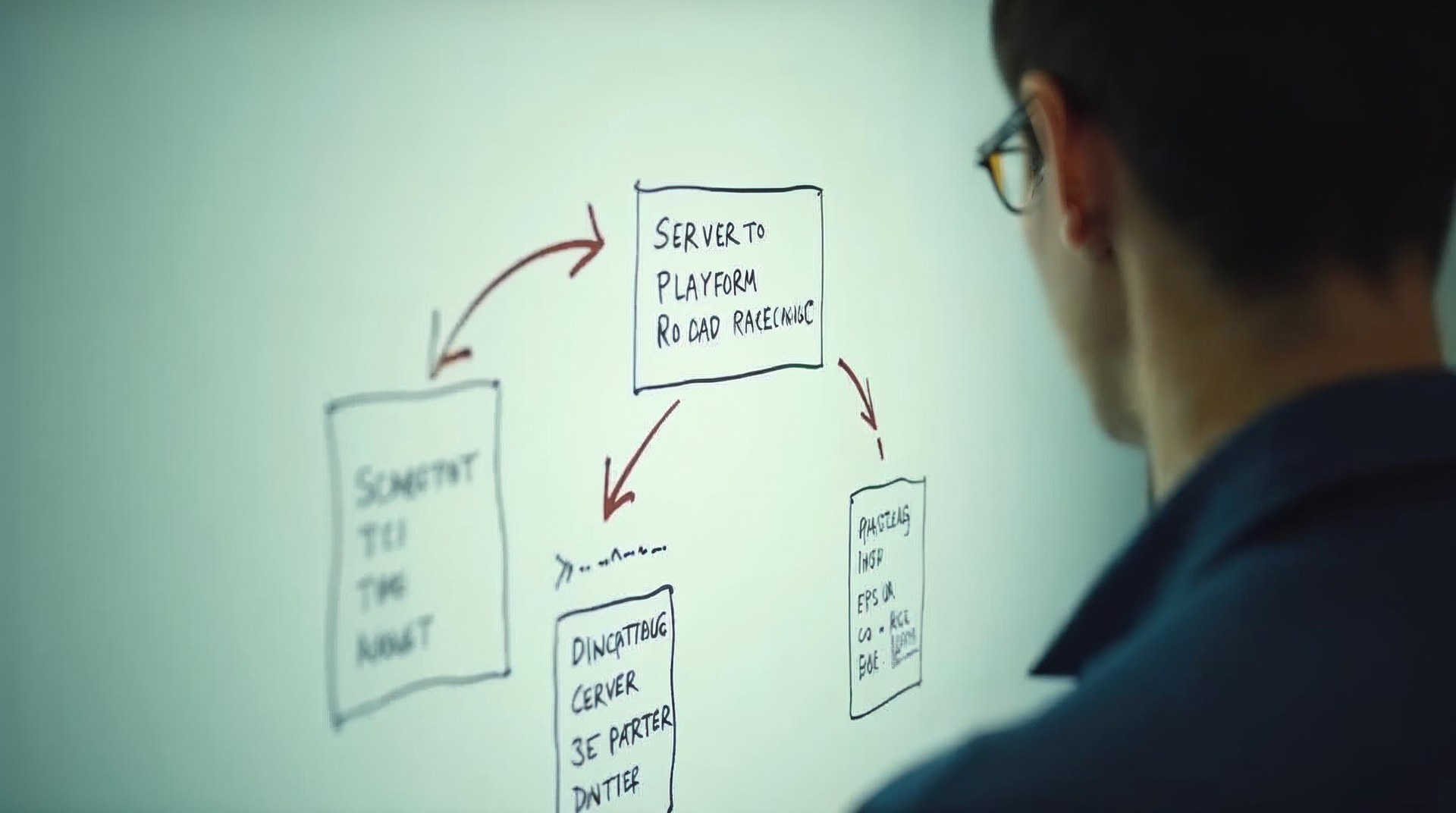 Whiteboard with a hand-drawn server-to-platform data flow diagram