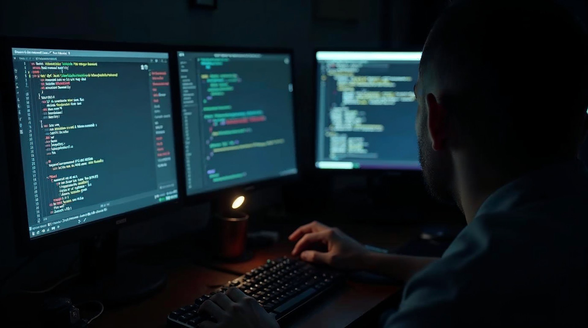 Developer workstation showing terminal logs and a browser network tab at night