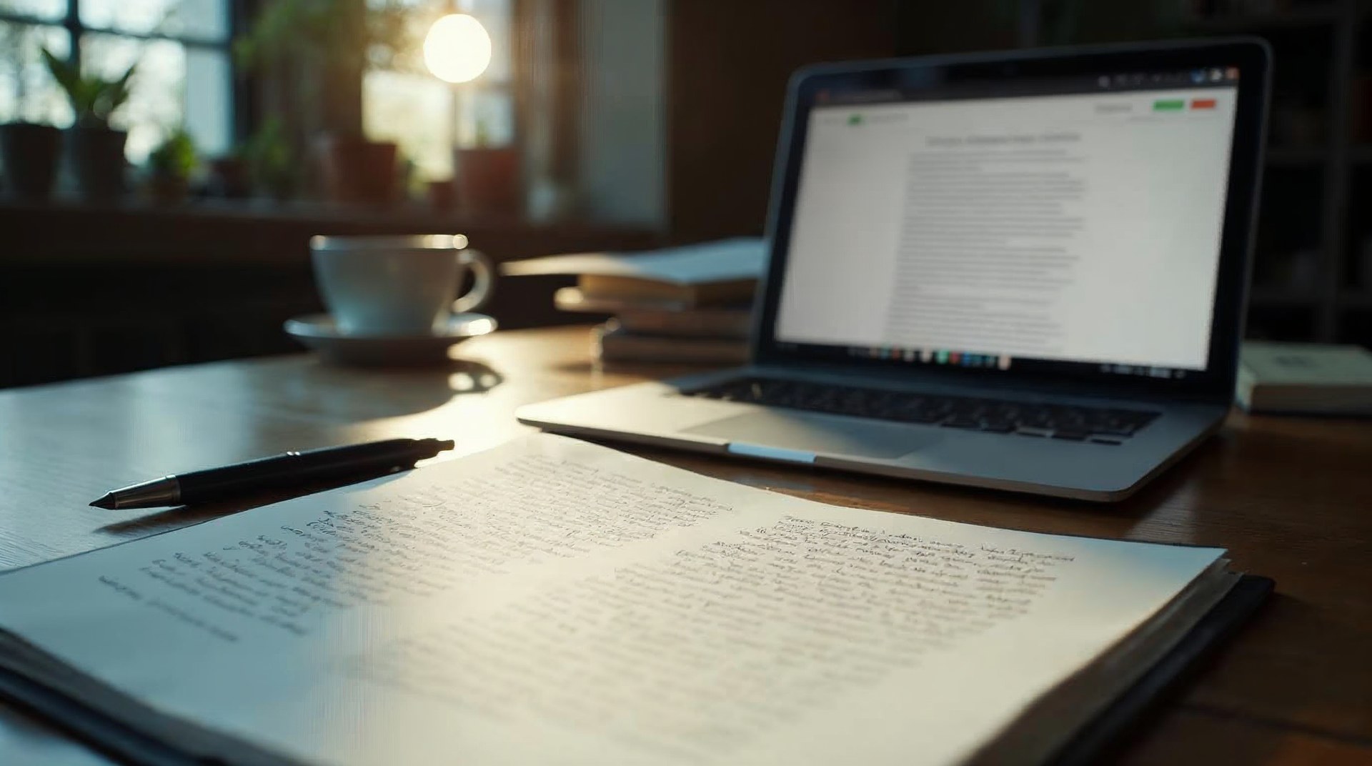 Copywriter's desk with a typewritten page, fountain pen and a landing page draft on screen