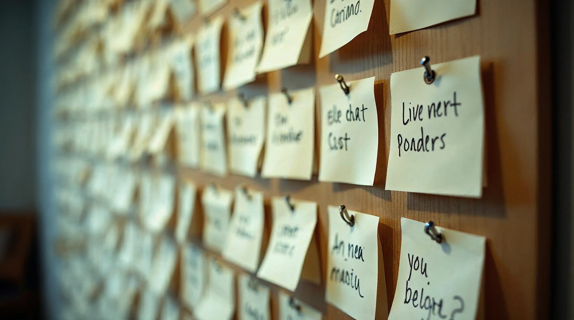 Wall of index cards with handwritten headline variations pinned in a grid
