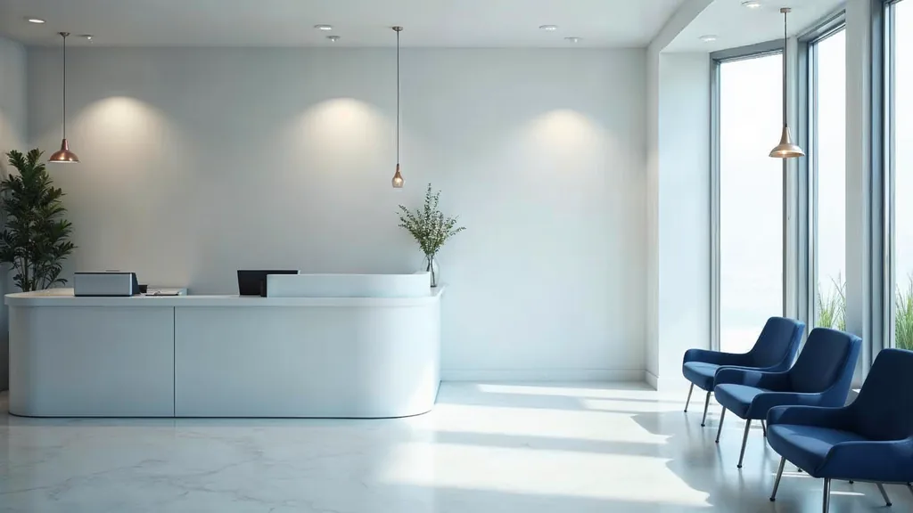 A dental practice reception counter and empty waiting chairs in soft directional daylight with clean pale surfaces and deep navy accents, shallow depth of field, no people, no text, no signage