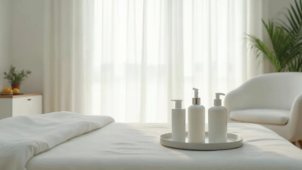 An empty modern med spa treatment room with a clean white bed, a small tray of unbranded skincare bottles and soft daylight through sheer curtains, shallow depth of field, no people, no text, no signage