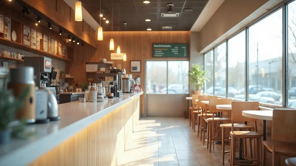 An empty modern quick-service restaurant counter and stools in soft directional daylight with clean unbranded surfaces, shallow depth of field, no people, no text, no signage