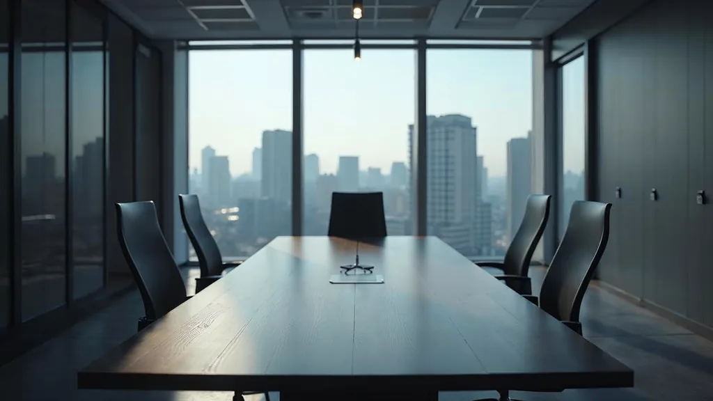 An empty modern advisory office meeting room with a dark timber table, two vacant chairs and city daylight through tall windows in deep navy tones, shallow depth of field, no people, no text, no signage