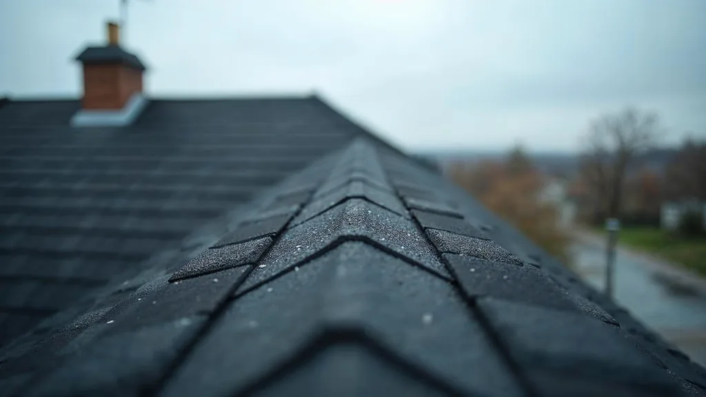 A newly finished dark asphalt shingle roof ridge against an overcast sky seen from a low aerial angle with crisp flashing detail, shallow depth of field, no people, no text, no signage