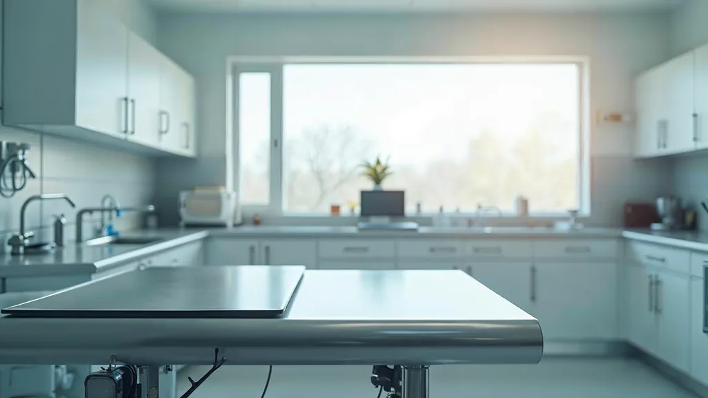 A bright modern veterinary examination room with a stainless steel table and clean clinical surfaces under soft daylight, shallow depth of field, no people, no animals, no text, no signage