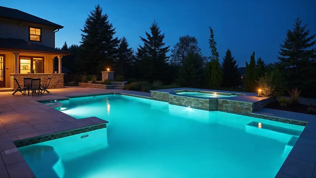 A freshly finished modern swimming pool with stone coping and a raised spa at blue hour with still water reflecting warm deck lighting, shallow depth of field, no people, no text, no signage