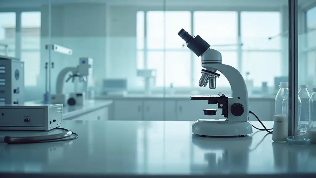 A clean modern fertility laboratory bench with a microscope and sterile stainless equipment under soft cool daylight, shallow depth of field, no people, no text, no signage
