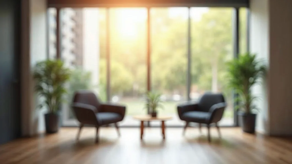 An empty modern mortgage brokerage consultation room with a wooden table and two chairs in warm daylight through glass, shallow depth of field, no people, no text, no signage