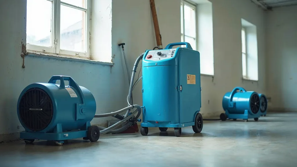 Professional water damage restoration equipment including an industrial dehumidifier and two air movers on a bare concrete floor in an empty room under cool daylight, shallow depth of field, no people, no text, no signage