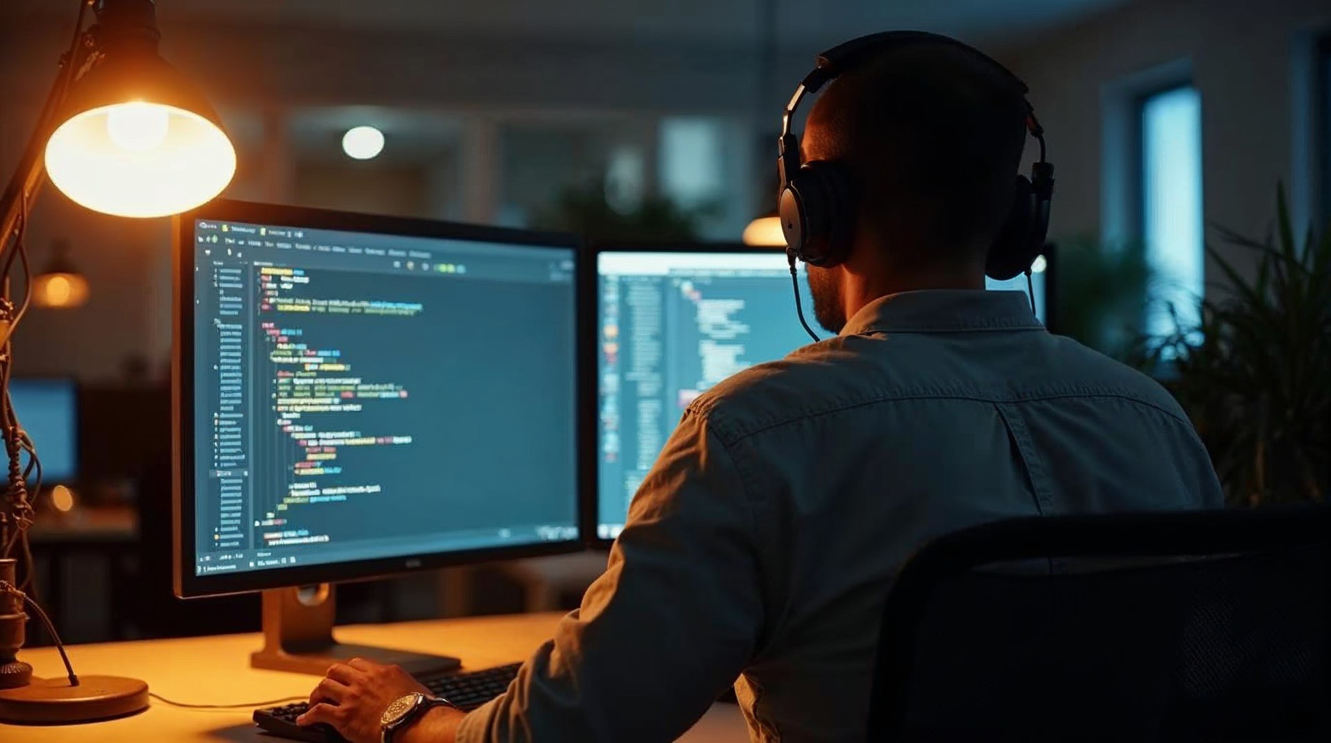 Developer pair-programming at a dual-monitor desk with code and a browser open