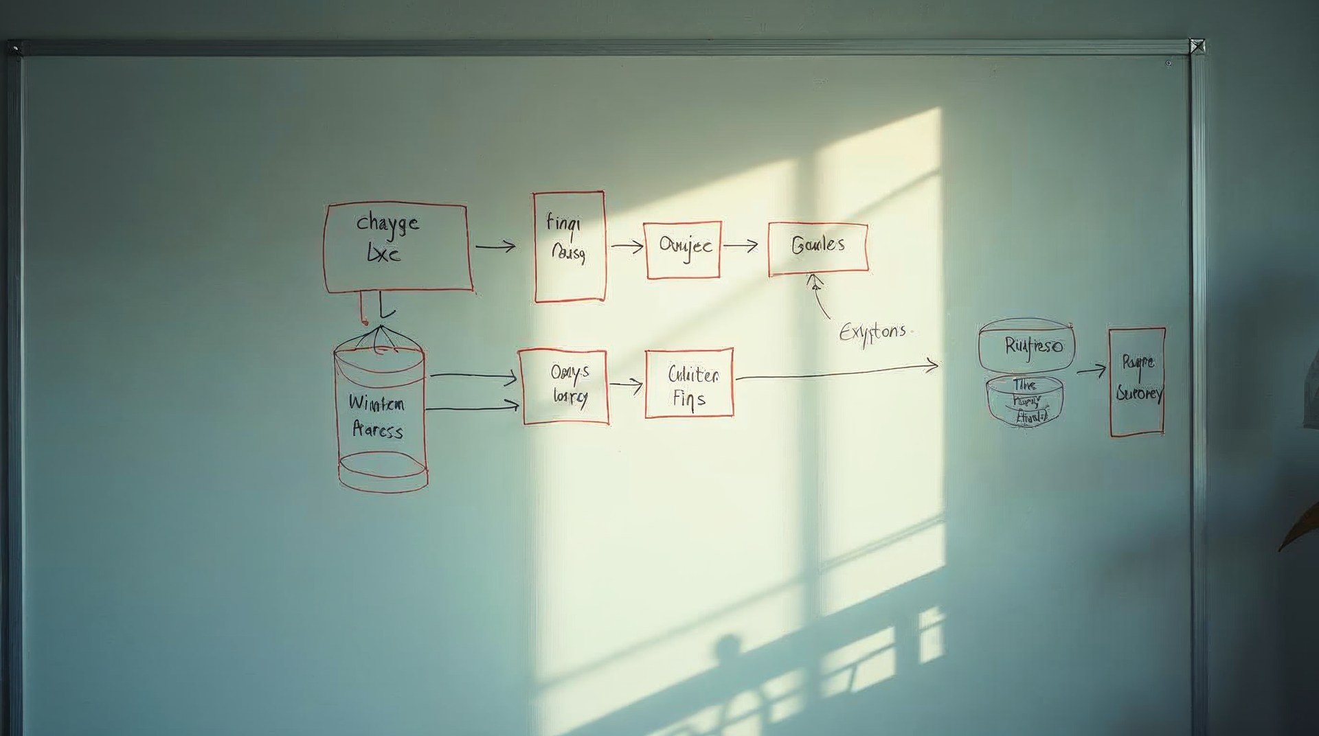 Whiteboard with a hand-drawn system architecture of services and a database