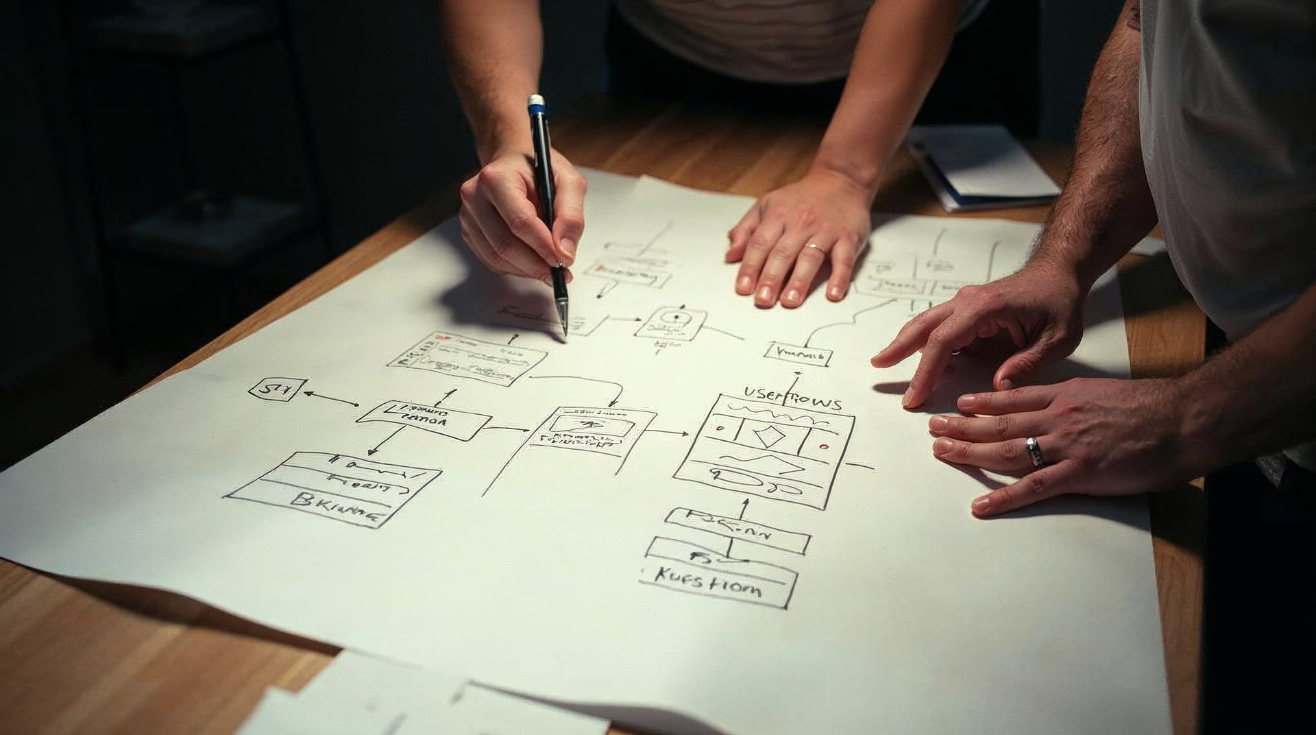 User flows and content model sketched on studio paper