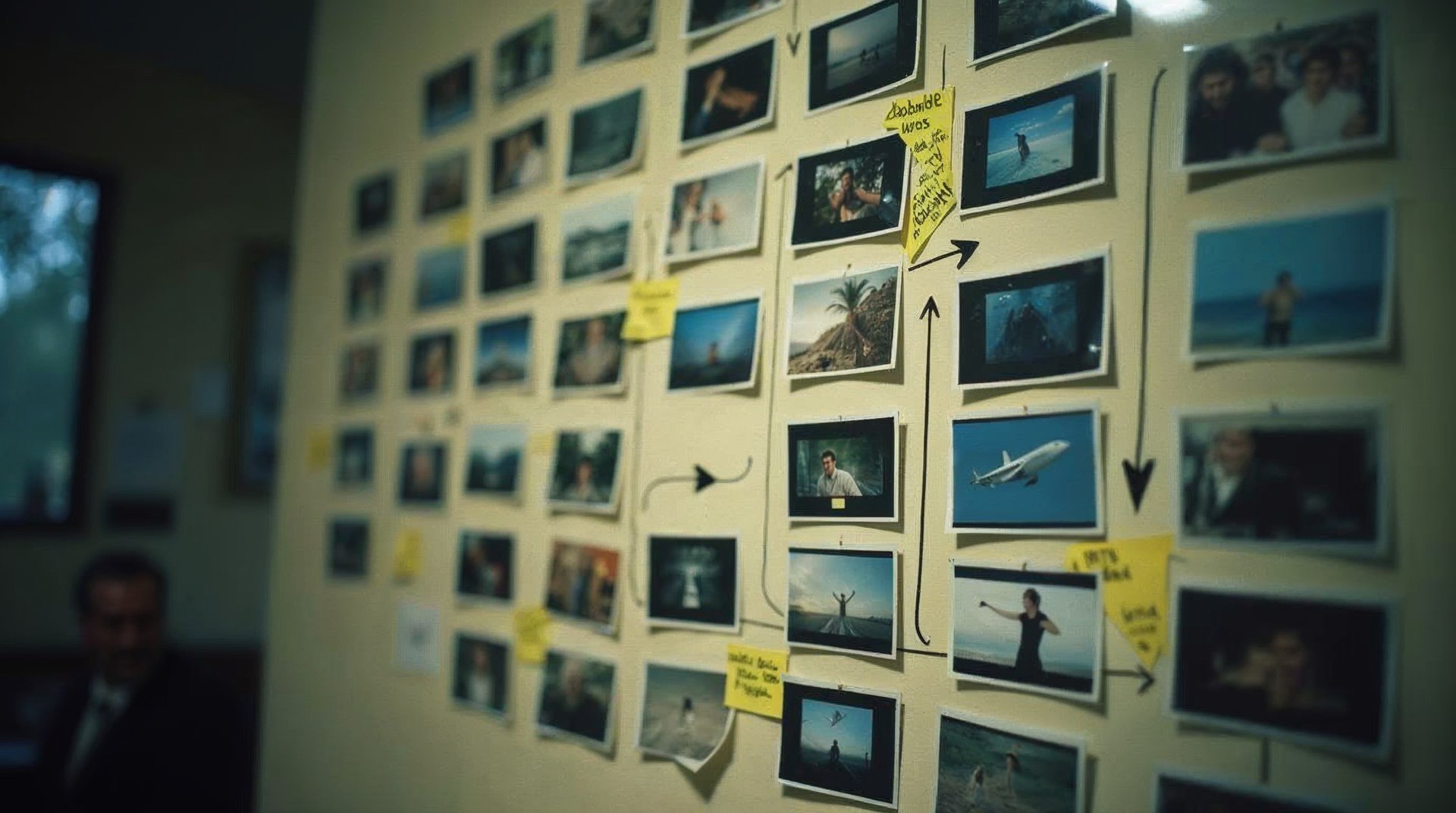 Grid of printed video thumbnails on a wall with handwritten notes between them