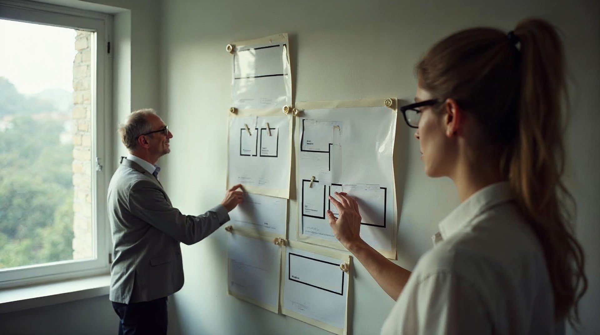 Strategist pinning printed ad frames and storyboard cards onto a studio wall