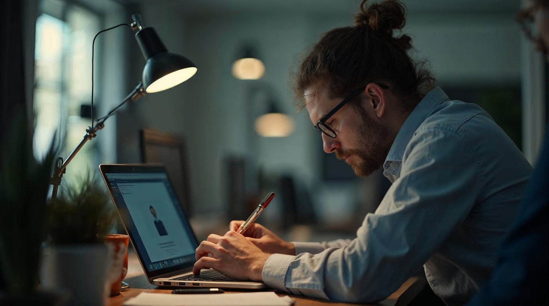 Researcher watching a session recording on a laptop while writing notes