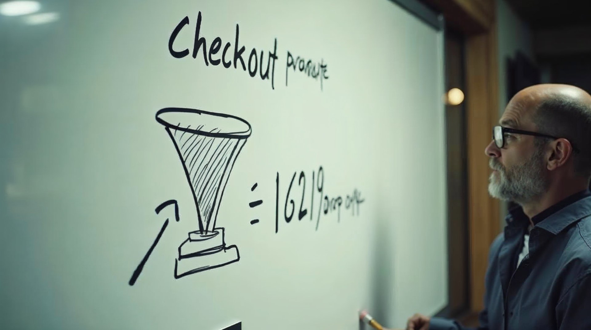 Whiteboard with a hand-drawn checkout funnel and drop-off numbers