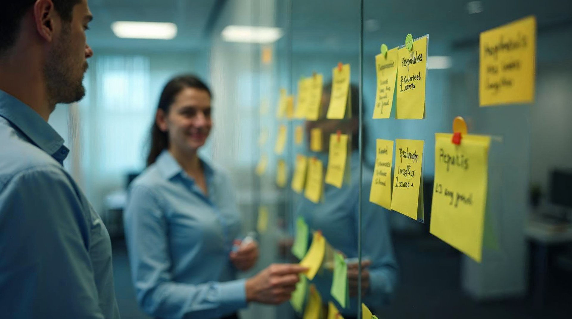 Hypothesis cards ranked on a glass wall