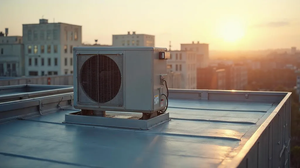 A rooftop commercial HVAC condenser unit and ductwork on an industrial building at golden hour with clean metal panels and soft directional light, shallow depth of field, no people, no text, no signage