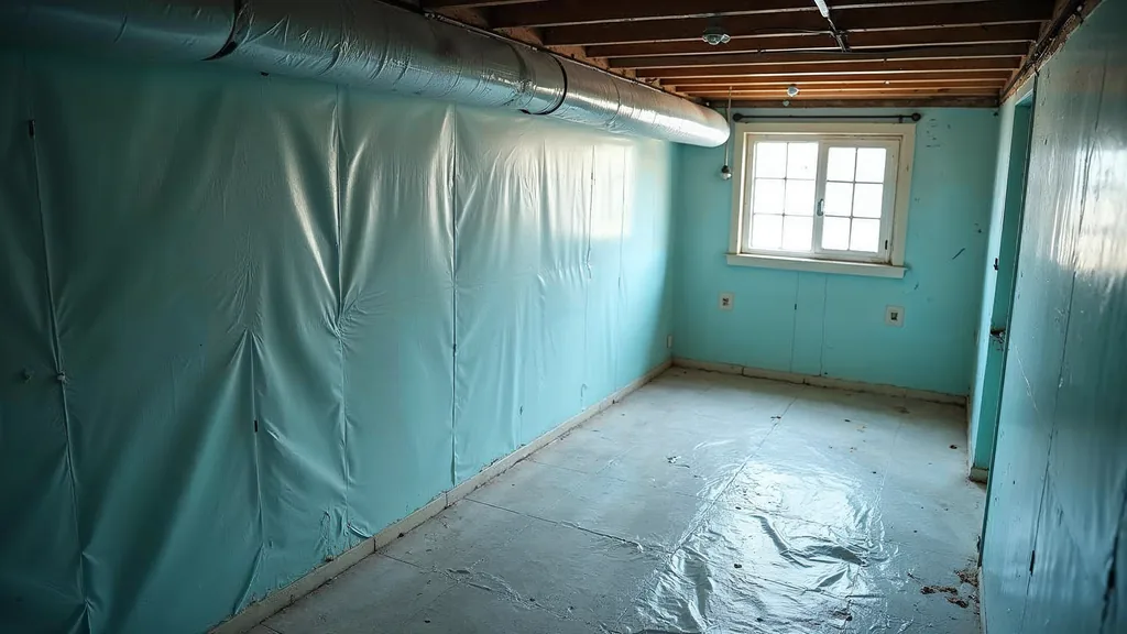 A clean residential basement wall after remediation with plastic containment sheeting and an air scrubber unit under cool daylight from a small window, shallow depth of field, no people, no text, no signage