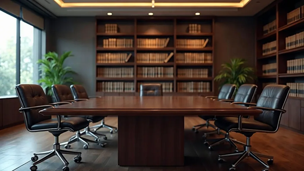 An empty modern law office conference room with a dark wood table, leather chairs and a wall of legal books lit by warm window light, shallow depth of field, no people, no text, no signage