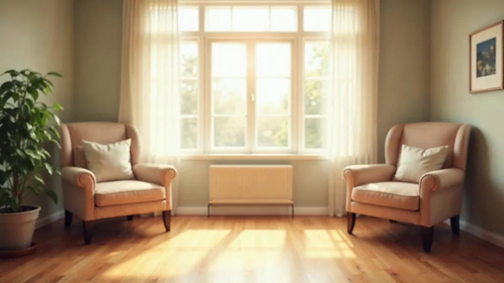 A calm sunlit therapy room in a residential treatment centre with soft armchairs, a plant and warm wood flooring under gentle natural light, shallow depth of field, no people, no text, no signage