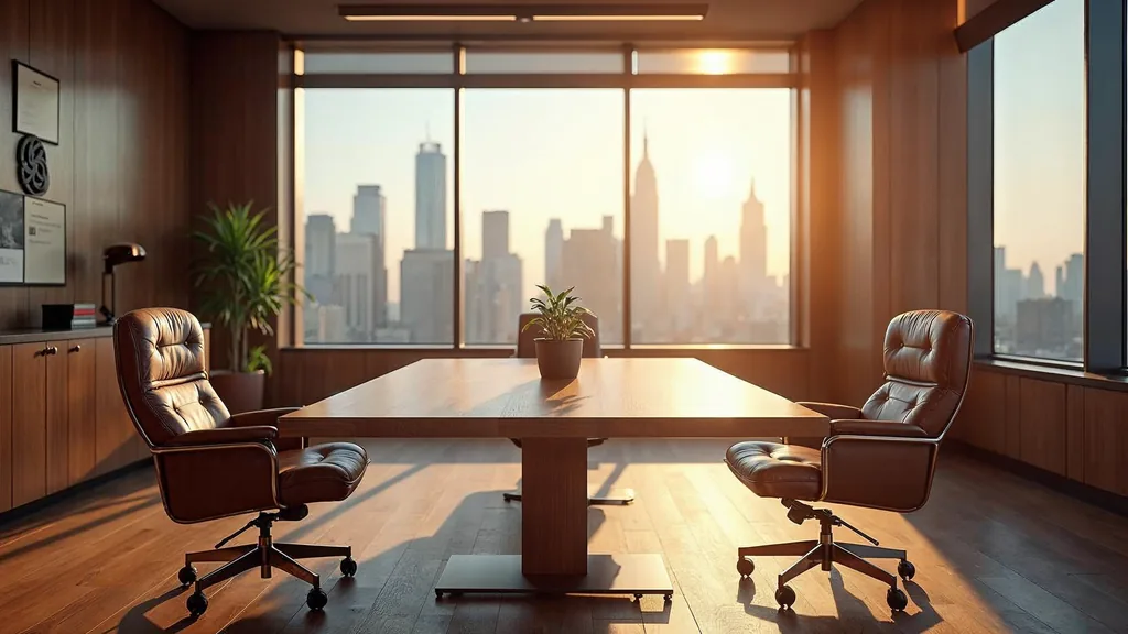 An elegant private wealth management office meeting room with a walnut table, two leather chairs and a city skyline through floor to ceiling windows in warm late afternoon light, shallow depth of field, no people, no text, no signage