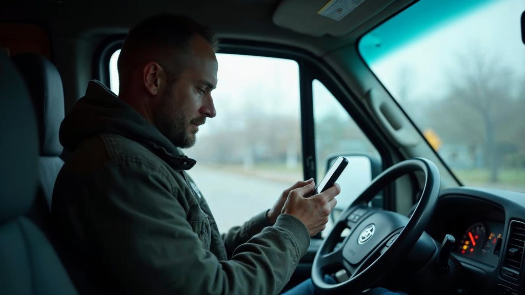 A contractor sitting in the cab of a work van reviewing a phone before driving off, photographed in Rochester