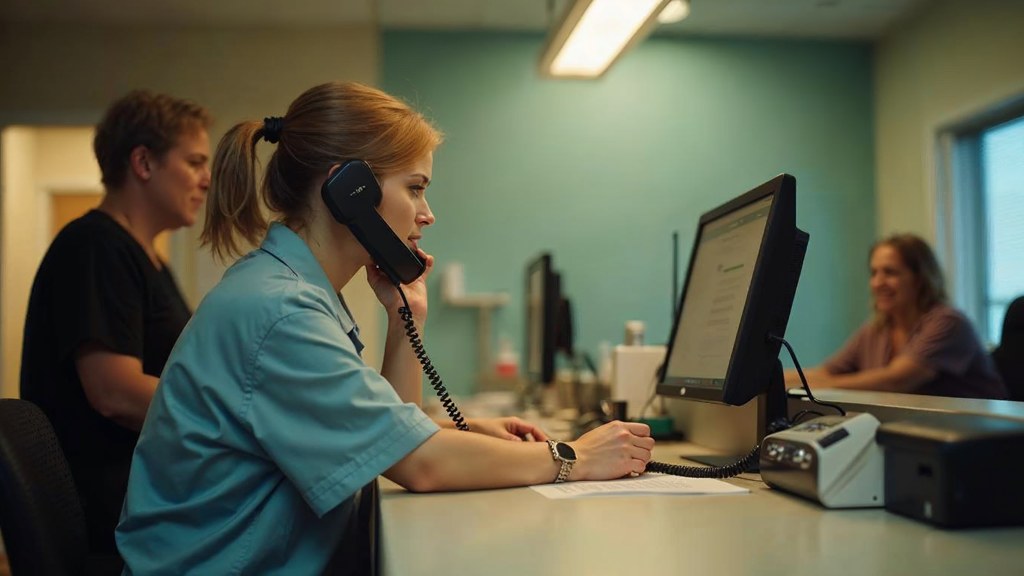 A clinic receptionist taking a phone call at a busy front desk with patients waiting, photographed in Rochester