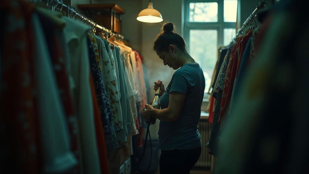 A boutique owner steaming garments in a narrow shop stockroom at opening time, photographed in Rochester