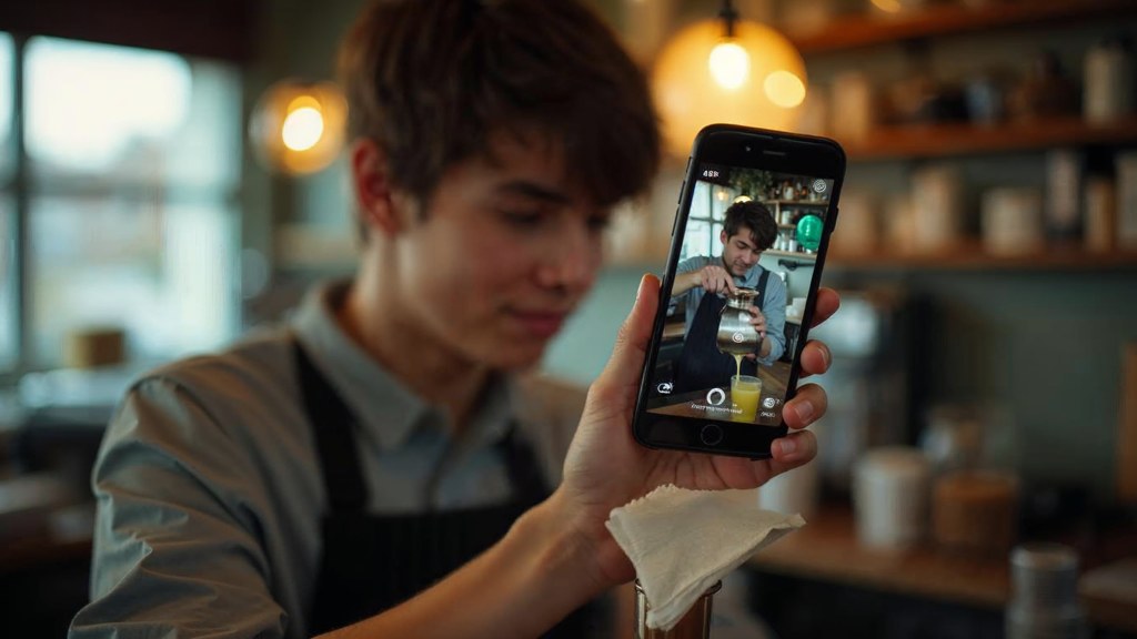 A young cafe worker filming a drink being poured on a phone propped against a napkin holder, photographed in Rochester