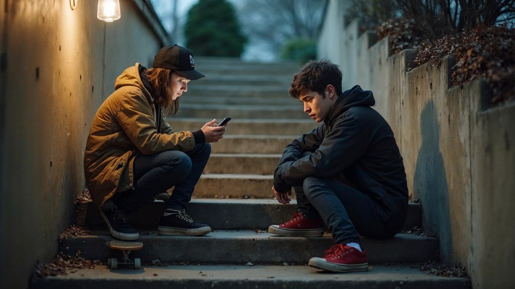 Two teenagers on skateboards looking at a phone on a set of concrete steps, photographed in Rochester