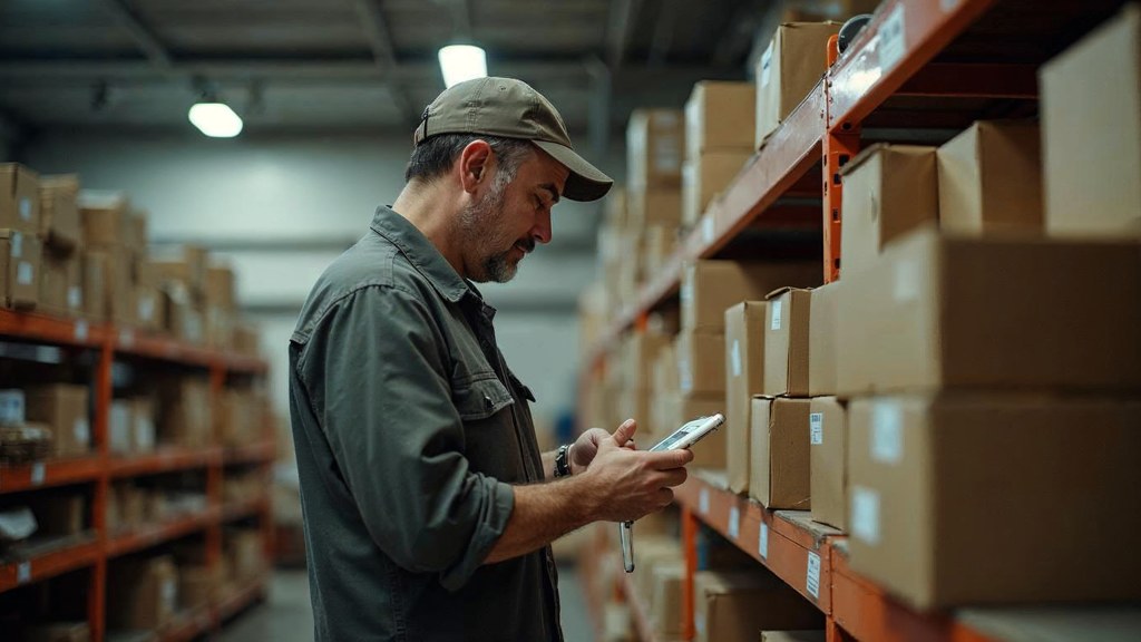 A seller checking barcodes on stacked cartons in a garage stockroom, photographed in Rochester