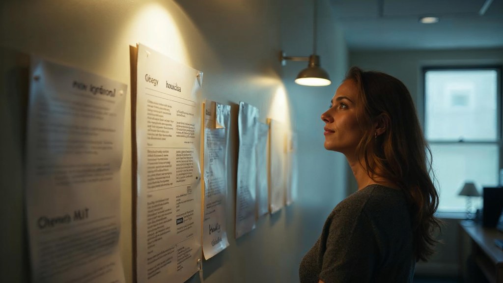 A media planner standing at a wall of printed layouts in a narrow agency corridor, photographed in Rochester