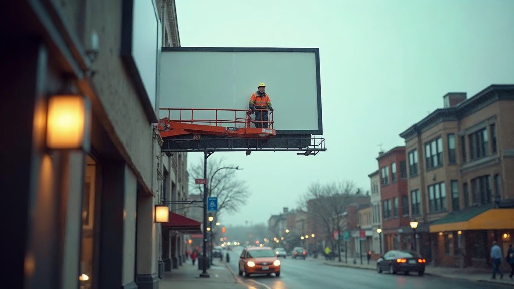 A crew member on a lift installing a blank billboard panel above a busy street, photographed in Rochester