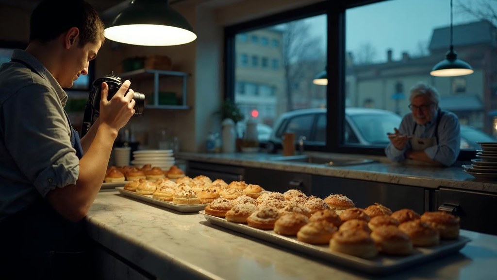 A bakery owner photographing a tray of pastries on a marble counter at dawn, photographed in Rochester