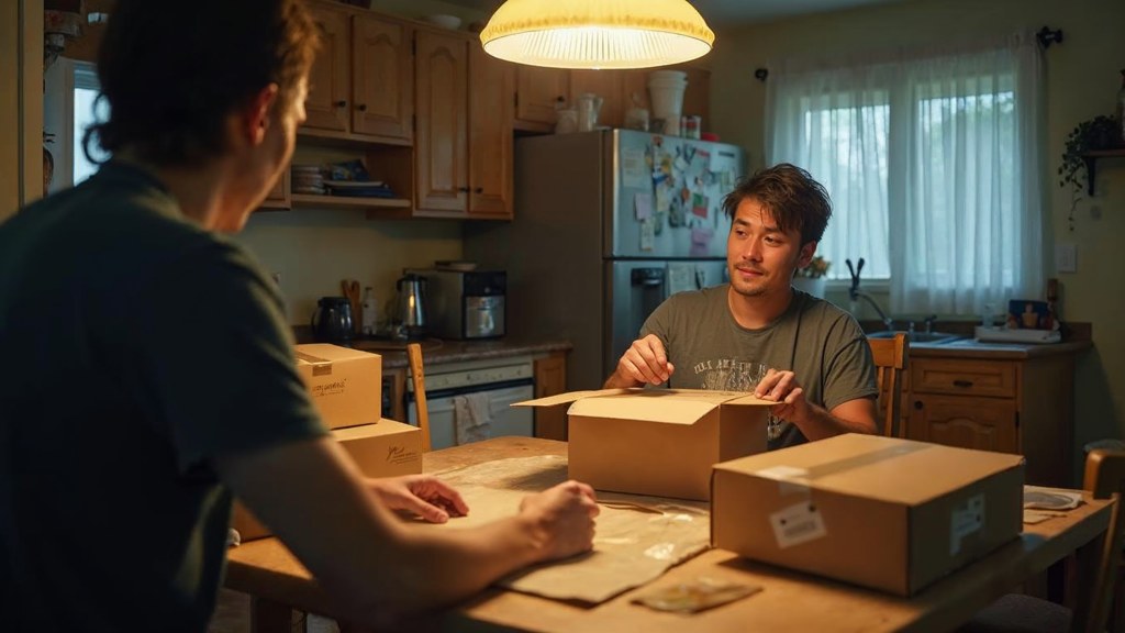 A customer filming an unboxing on a kitchen table strewn with packaging, photographed in Rochester