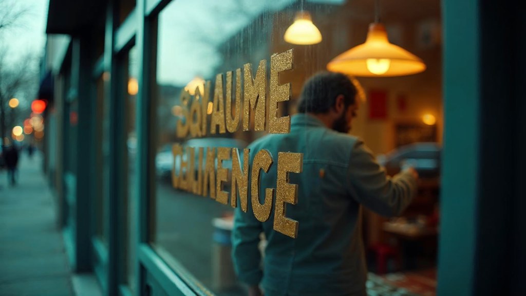 A sign painter finishing gold lettering on a shopfront window from the street side, photographed in Rochester