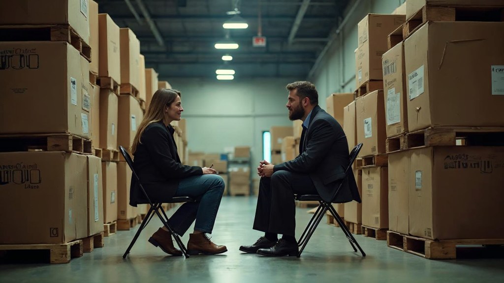 A warehouse supervisor interviewing a candidate on folding chairs beside stacked pallets, photographed in Rochester