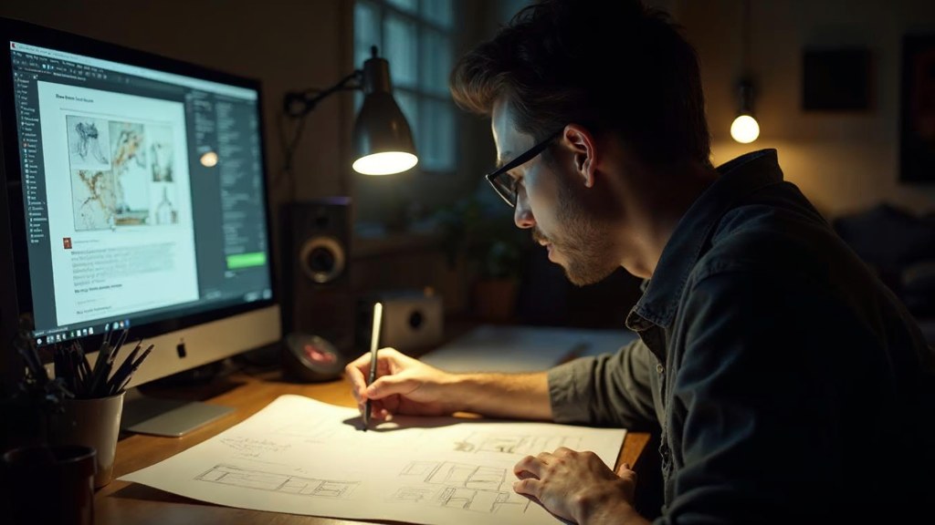 A studio designer sketching a page layout on paper beside a monitor in a dim room, photographed in Rochester