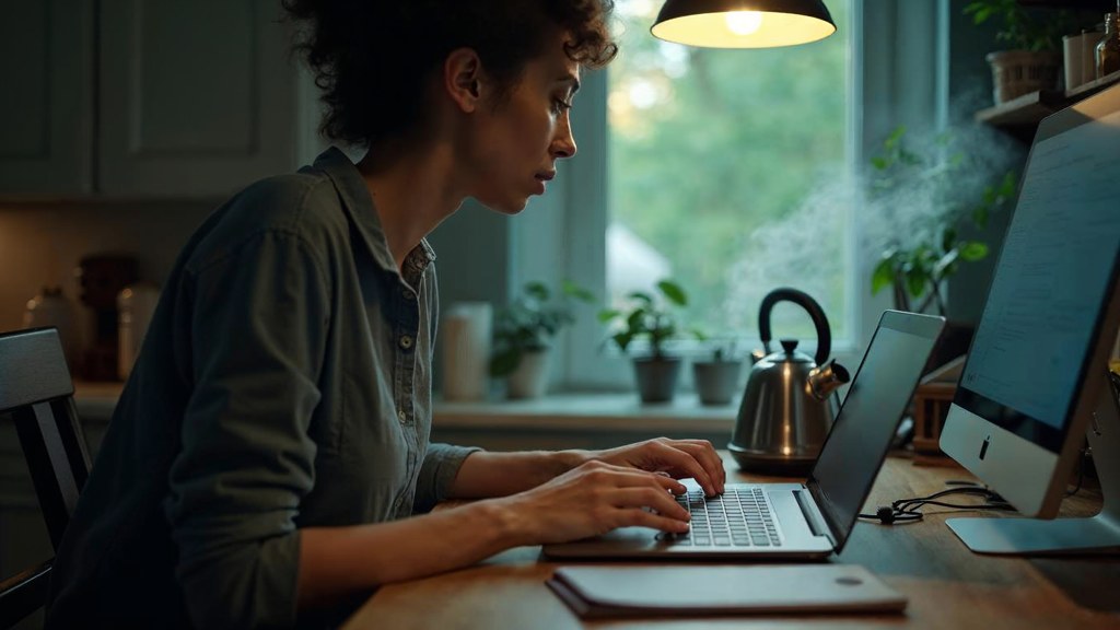 A service-business owner at a kitchen table typing a question into a laptop while a kettle steams behind, photographed in Rochester