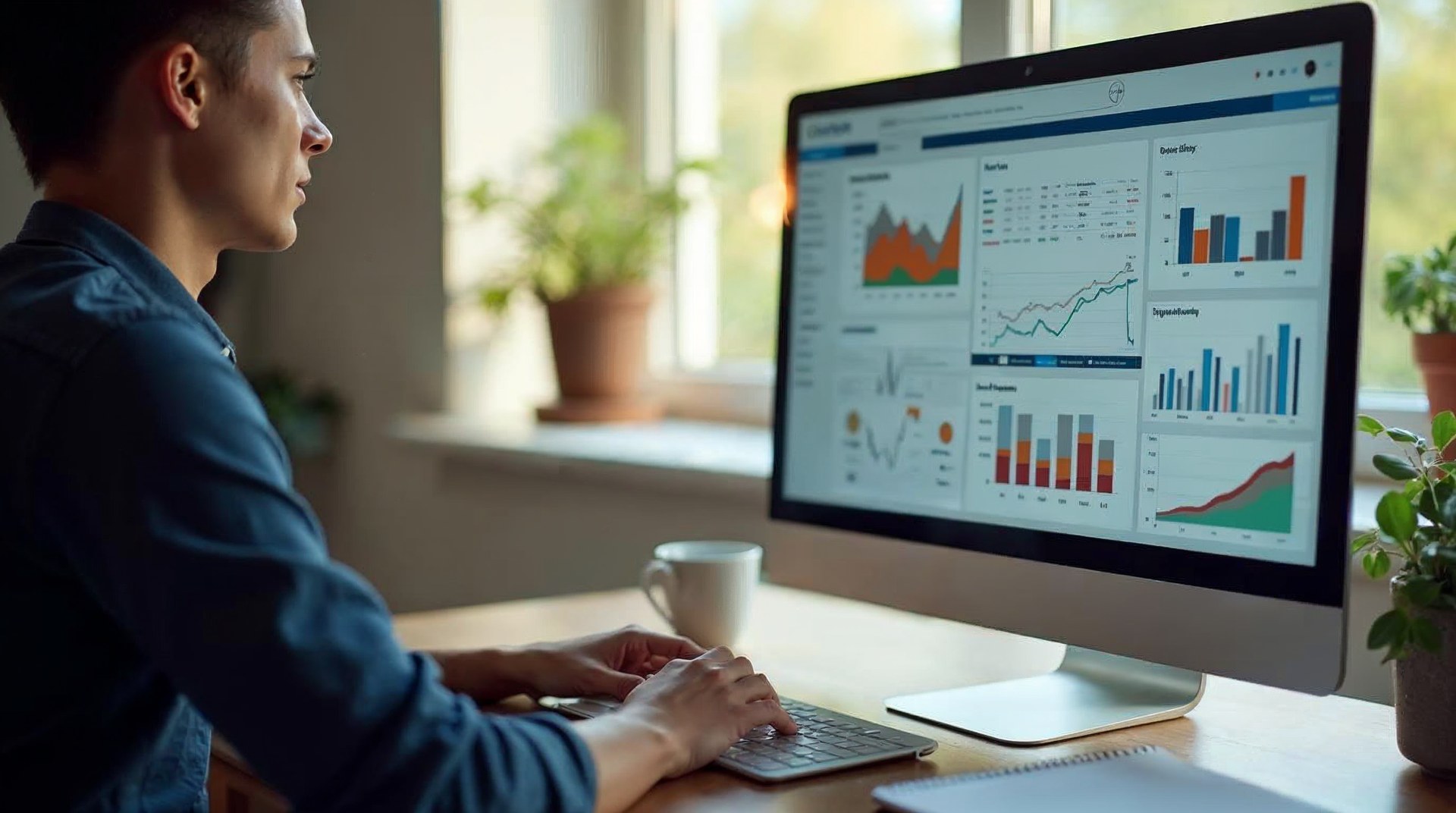 Wide monitor showing a marketing dashboard beside a notebook of hand-drawn charts