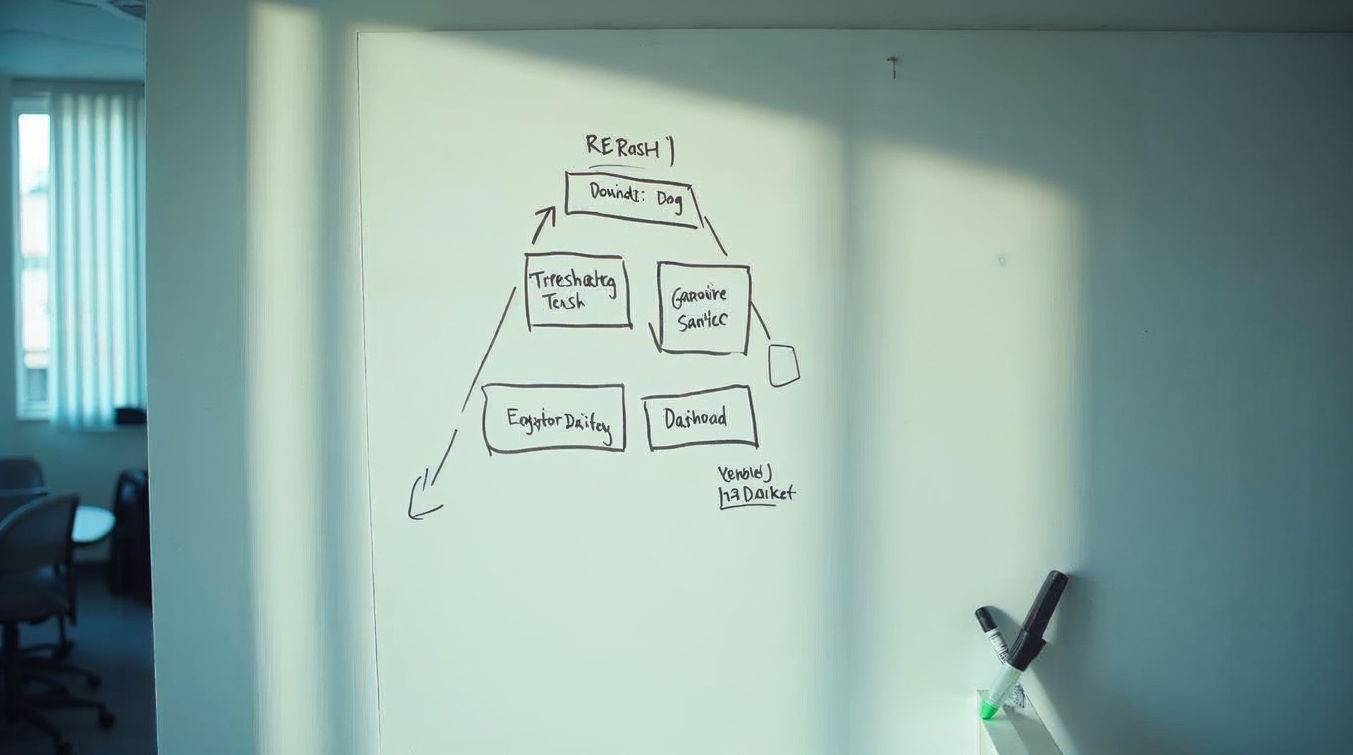 Whiteboard sketch of a three-layer dashboard structure with a marker on the ledge