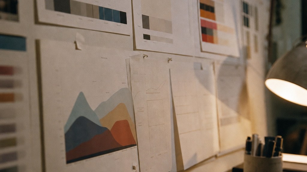 Wall of pinned chart printouts with a colour palette card and marker