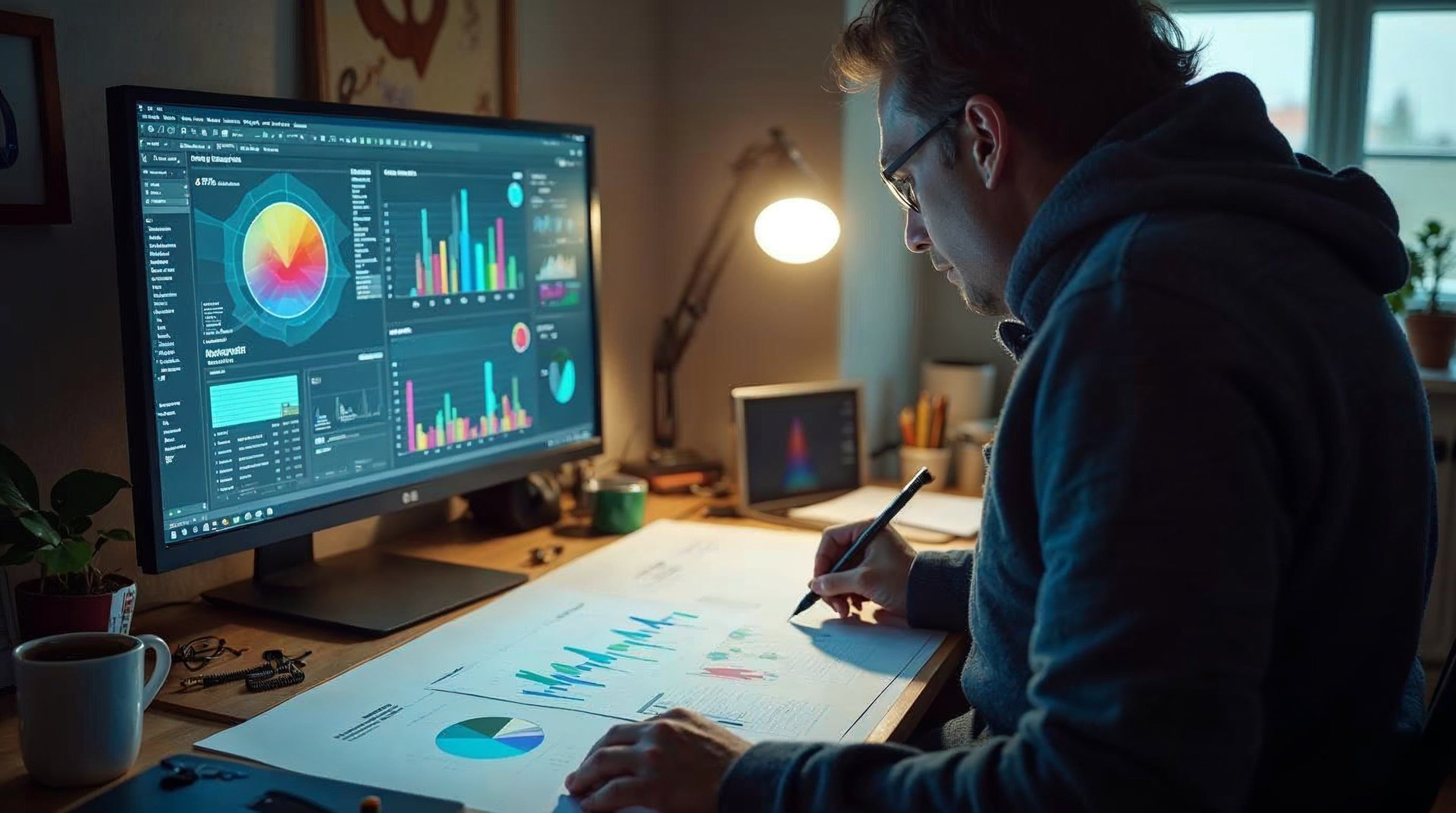 Designer sketching chart layouts on paper beside a screen of coloured data views