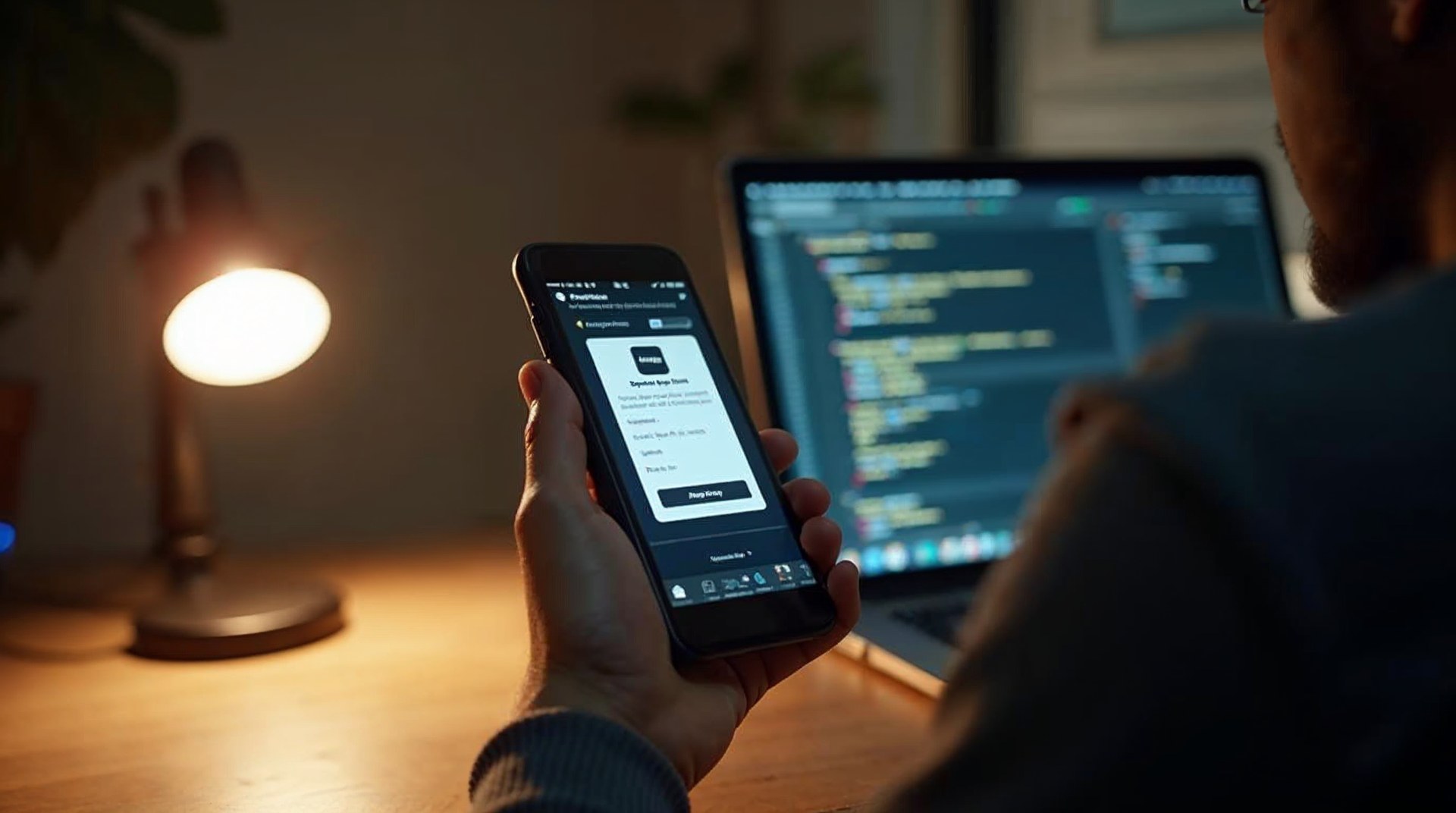 Developer testing an online store checkout on a phone beside a laptop of code