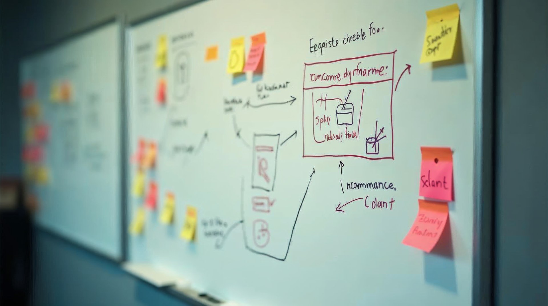 Whiteboard sketch of a checkout flow with sticky notes marking friction points
