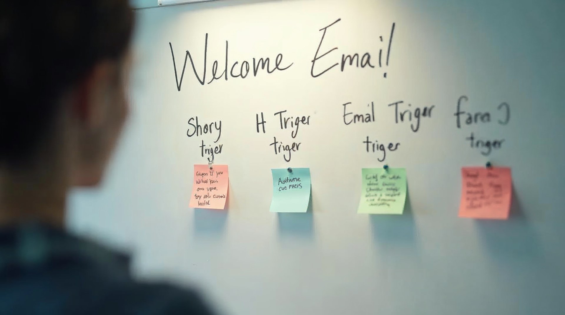 Whiteboard sketch of a welcome sequence with sticky notes for each trigger