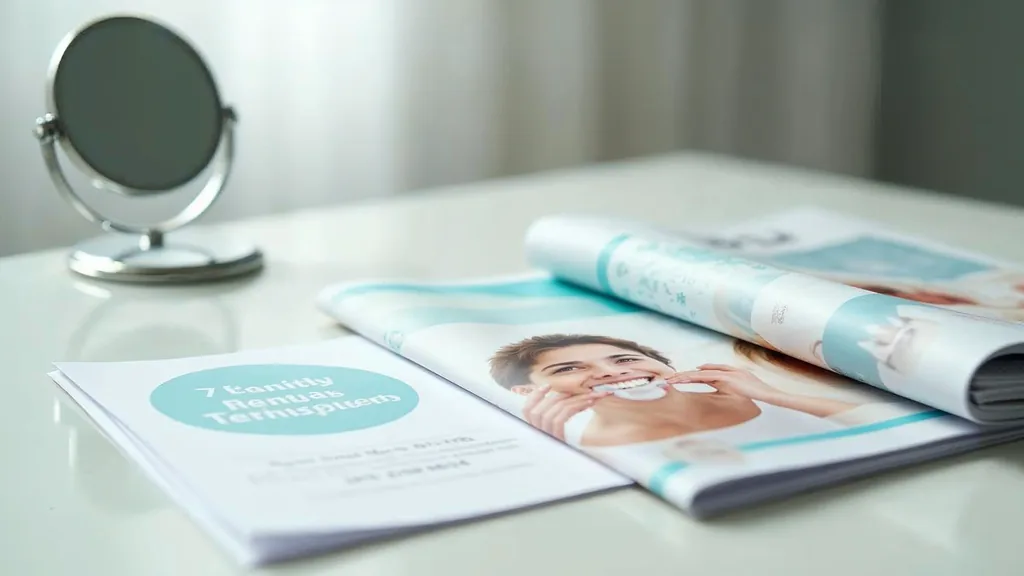 A stack of printed dental practice brochures and a folded treatment leaflet on a pale ceramic surface beside a small dental mirror in soft daylight, shallow depth of field, no people, no text, no signage