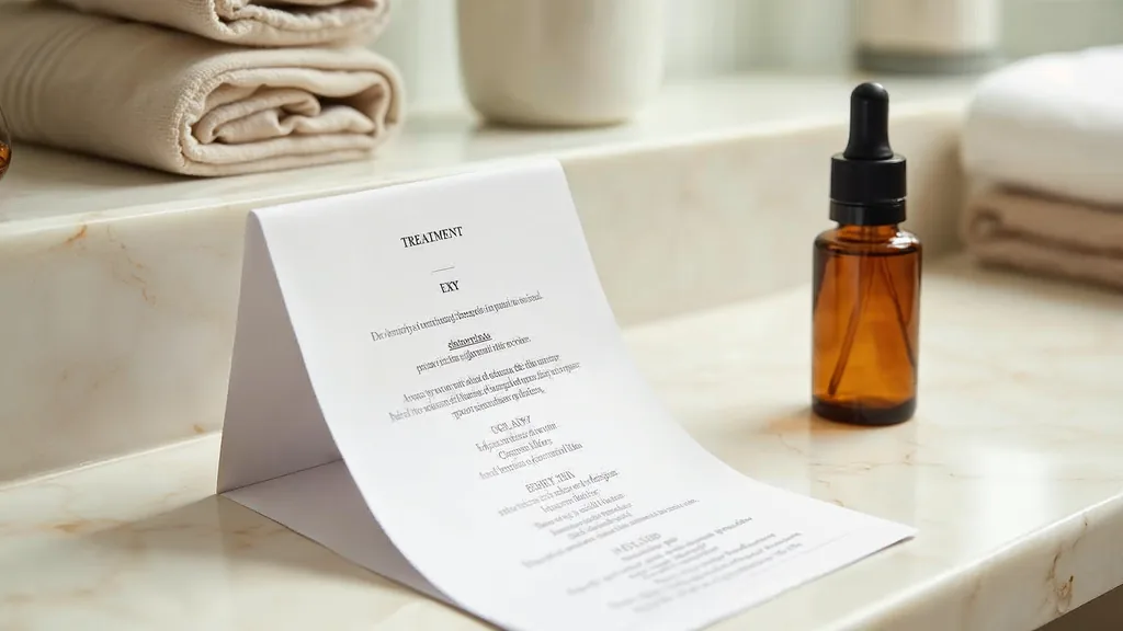 A folded treatment menu card and printed aftercare leaflet on a cream marble counter beside a small amber skincare bottle and a linen towel in soft window light, shallow depth of field, no people, no text, no signage